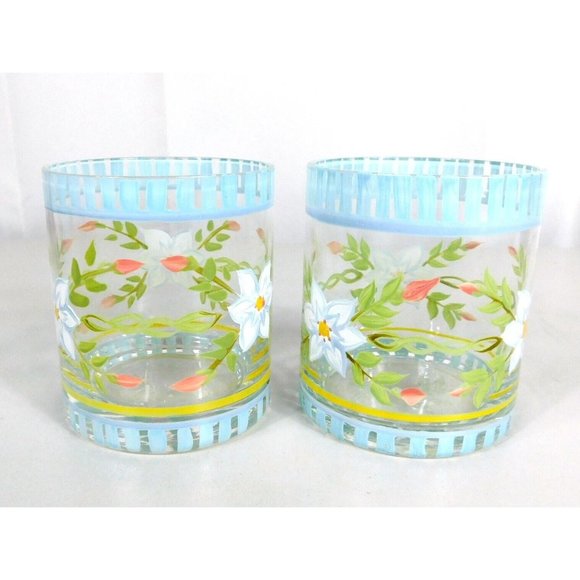 Hand Painted Capriware Glasses Set 2 Floral Pattern Flowers Barware Drinkware - Picture 2 of 10